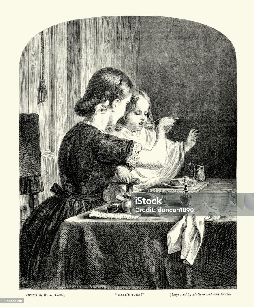 Young Victorian Mother Feeding her Child Vintage engraving of a Young Victorian Mother Feeding her Child. 1869 Baby - Human Age stock illustration