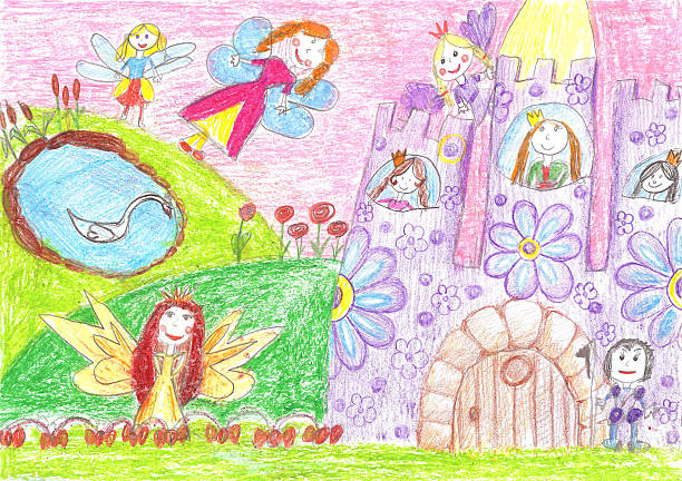 ilustrações de stock, clip art, desenhos animados e ícones de conto de fadas de uma princesa, príncipe-crianças desenho - child art childs drawing painted image