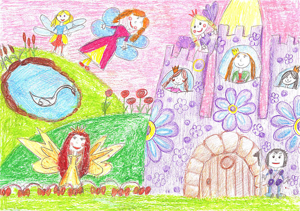 fairy tale, а рельефные, prince-дети рисование - child art childs drawing painted image stock illustrations