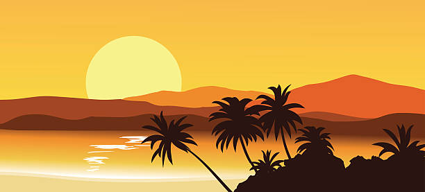 illustrazioni stock, clip art, cartoni animati e icone di tendenza di tramonto in montagne tropicali. - scenics silhouette beach sun
