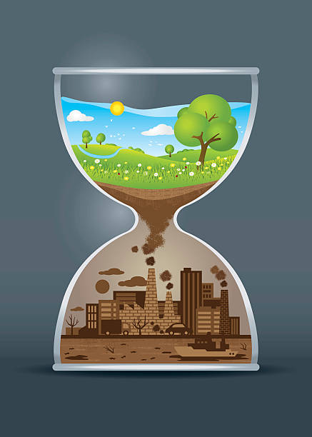 Ecology awareness hourglass Illustration of ecology awareness hourglass with blue sky smoke signal stock illustrations