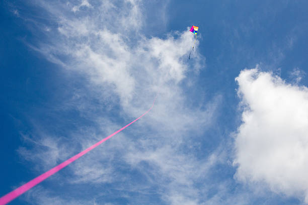 Colorful kite with pink kitestring under a blue cloudy sky