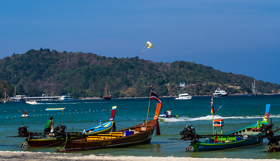 Phuket,Thailand-February 27,2015 : Longtail boat available for rent at  Patong beach in Phuket,Thailand on February 27,2015.Longtail boat is popular boat service in Thailand.