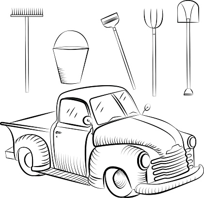 Retro car pickup and farm tools painted in the style of graphics. Vector illustration