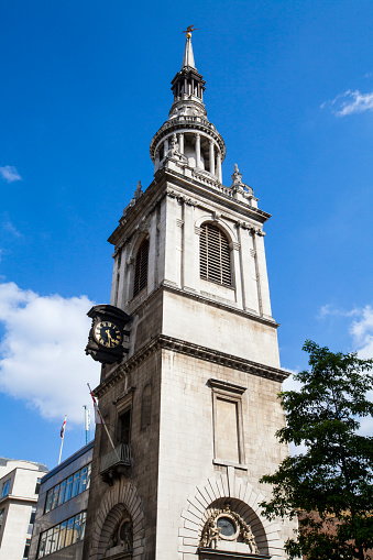 A view of the tower of St. Mary-le-Bow Church in the City of London. Tradition says that anybody born within hearing distance of its Bells is a true ‘Cockney’.