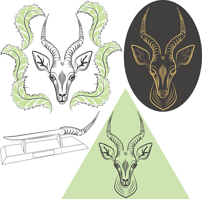Set of monochrome, head of an antelope in 3 variants and hunting knife made of horn. Vector illustration