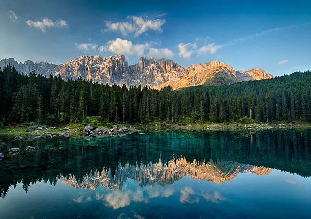 Lake with mountain forest landscape, Lago di Carezza