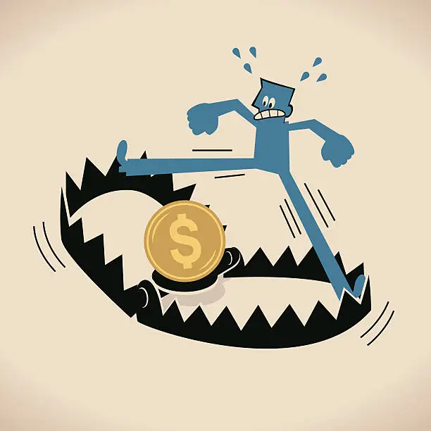 Vector illustration of Businessman on bear trap with money (dollar sign) as bait