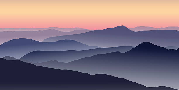Panorama of foggy mountain ridges. Vector illustration of a misty sunrise in the blue mountains. Eps 10. appalachian mountains stock illustrations