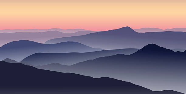 Panorama of foggy mountain ridges. Vector illustration of a misty sunrise in the blue mountains. Eps 10. grassland in morning sunrise stock illustrations