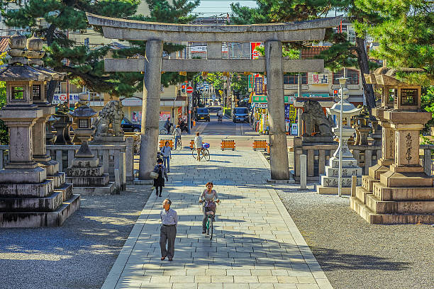 Osaka, Japan - October 24 2014: Sumiyoshi Grand Shrine is Osaka's most famous shrine. The main shrine is designed in the oldest style of shrine construction and is registered as a National Treasure