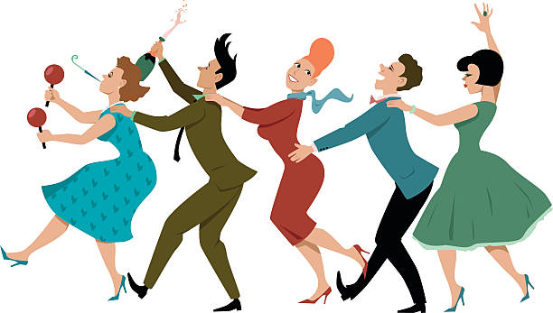 ilustraciones, imágenes clip art, dibujos animados e iconos de stock de conga línea - 1950s style 1960s style dancing image created 1960s