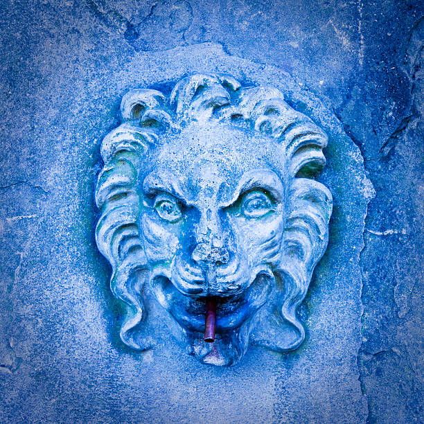 Ancient italian stone fountain with lion head - toned image