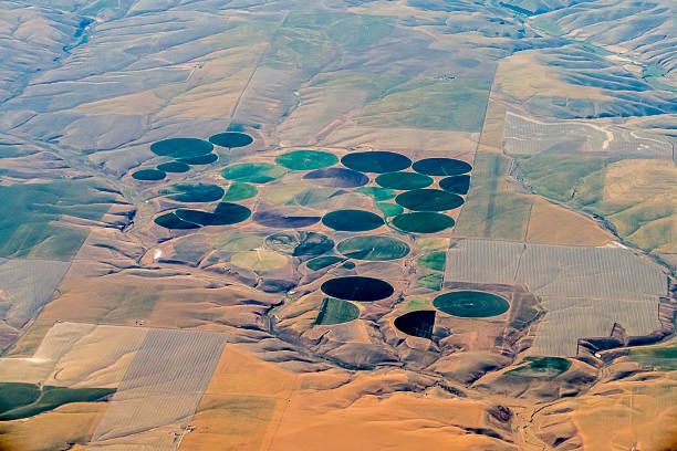 Actual Crop Circles; Round Irrigated Fields in American West Actual Crop Circles; Round Irrigated Fields in American West crop circle stock pictures, royalty-free photos & images