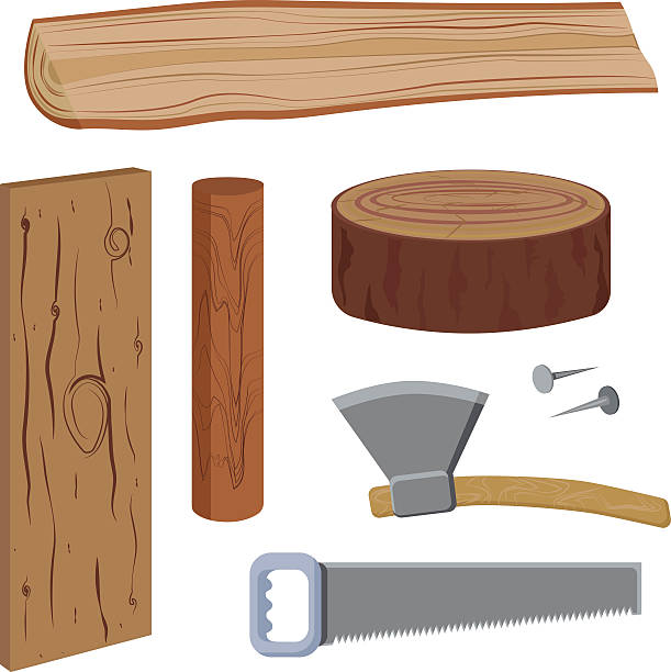 ilustraciones, imágenes clip art, dibujos animados e iconos de stock de juego de madera y herramientas - axe