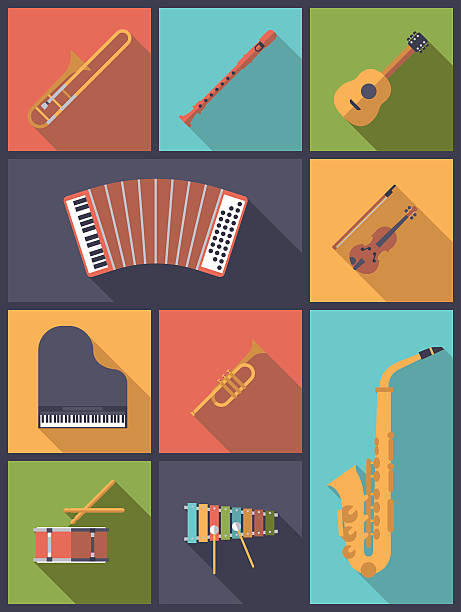 Musical Instruments Icons Vector Illustration Vertical flat design illustration with icons of musical instruments children can learn music class stock illustrations