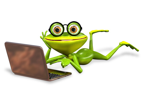 3d illustration merry green frog with notebook