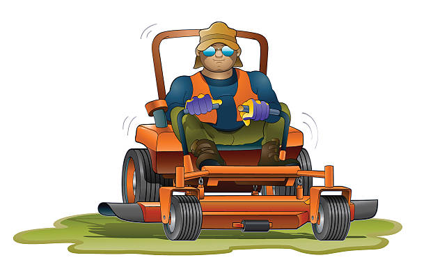 Lawn Mower City works employee operating a ride on mower isolated on white. lawn mower clip art stock illustrations