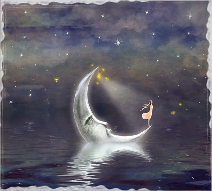 The illustration shows the girl who admires the star sky