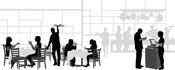 Restaurant And Kitchen A vector silhouette illustration of the goings on of a busy restaurant including female friends laughing over dinner, a waiter carrying a tray of food, a young couple dining, the busy cooks annd sous chefs, and a customer paying the hostess. kitchen silhouettes stock illustrations