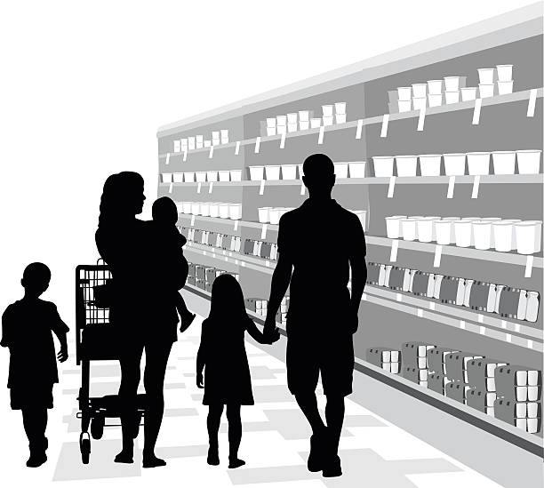 Family Food Shopping A vector silhouette illustration of a young family walking down the aisle of a grocery store dairy section.  There is a mother, father, young son and daughter, and a toddler held in the arms of the mother also pushing a shopping cart.  The shelves are stocked with yogurt with price tags. supermarket aisles vector stock illustrations