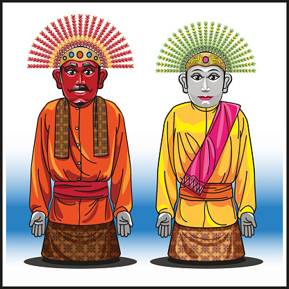 A pair of wedding dolls typical of Jakarta which is called Ondel - ondel, with attributes as well as traditional clothing such as: batik scarves and ornaments in the head