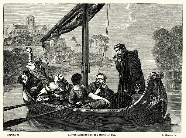 King Canute listening to the monks of Ely Vintage engraving of King Canute listening to the monks of Ely. ely england stock illustrations