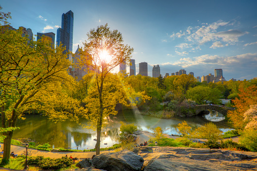 Central Park is an urban park in the central part of the borough of Manhattan, New York City. It was initially opened in 1857, on 778 acres (315 ha) of city-owned land, later expanding to its current size of 843 acres (341 ha)