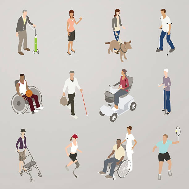 People with Disabilities Illustration A set of 12 icons illustrates persons with disabilities. People include a man with an oxygen tank, a woman using sign language who is hearing impaired, a woman with a seeing eye dog who is visually impaired, a man with crutches, a man playing wheelchair basketball, a woman with a prosthetic leg, and others. Isometric people are illustrated in a flat vector style. person oxygen tank stock illustrations