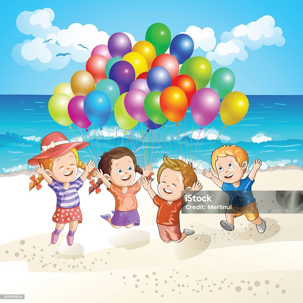 Kids with balloons at the beach Kids with balloons at the beach. File saved in EPS 10 format and contains blend and transparency effect 2015 stock vector