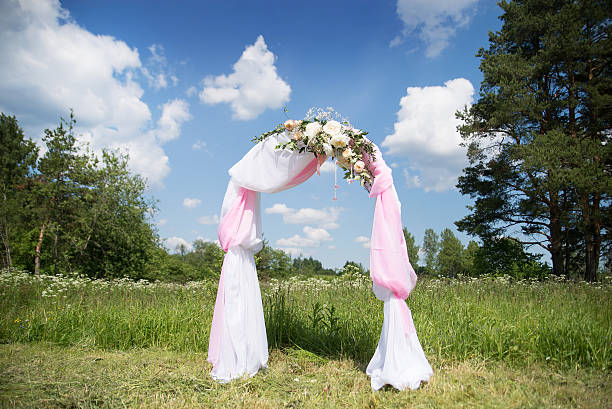 istock Wedding tradition arch with flower decor on blue sky background 479750010