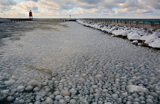 Ice Balls Fill a Channel in Lake Michigan stock photo
