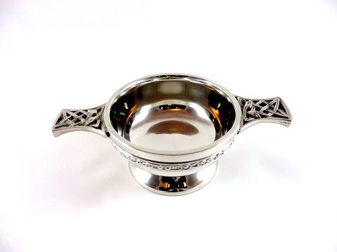Close up of a traditional Scottish drinking vessel called a Quaich