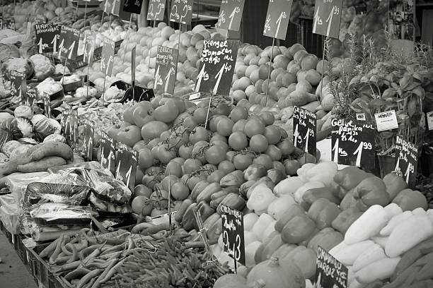 Seattle, Washington, USA - July 6, 2018: Fresh fruits and vegetables are offered up for sale at Pikes Place Market in Seattle, Washington, USA