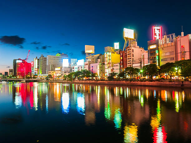 Fukuoka Riverfront at night, Japan stock photo