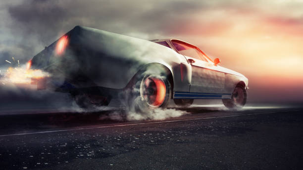 The car tire slips on a macadam surface - close-up photography