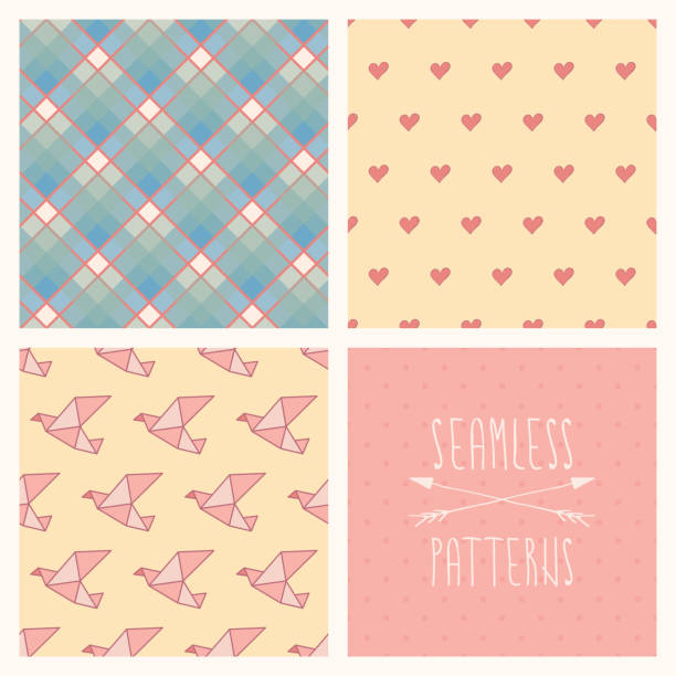 Seamless set A set of 4 seamless patterns. Dots, hearts, origami and plaid. EPS10 vector illustration, global colors, easy to modify. book heart shape valentines day copy space stock illustrations