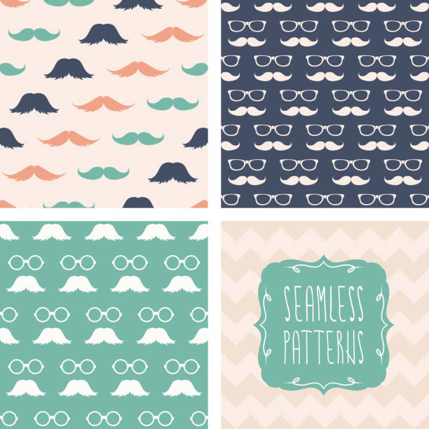Seamless set A set of 4 seamless patterns. Zig-zag and hipster moustache and glasses. EPS10 vector illustration, global colors, easy to modify. background of the cool guy wearing sunglasses stock illustrations