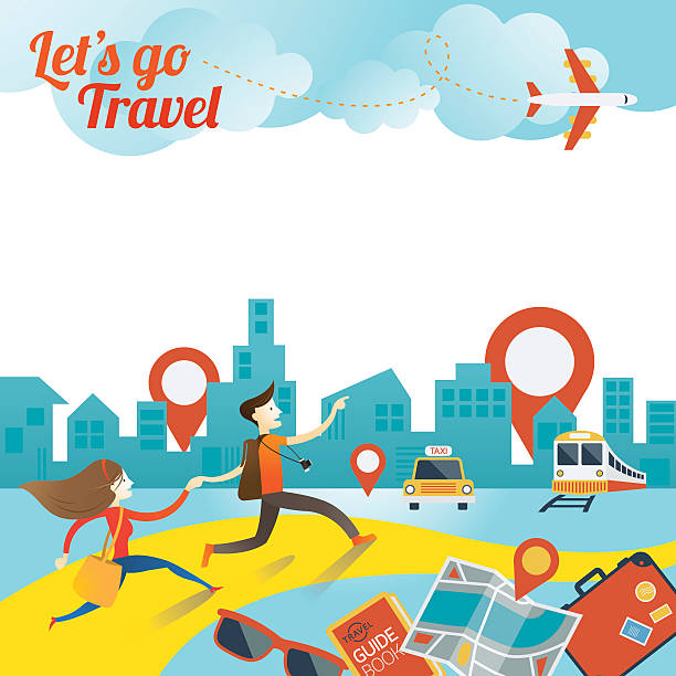 ilustrações, clipart, desenhos animados e ícones de casal correndo para a cidade de viagem - tourist running travel people traveling