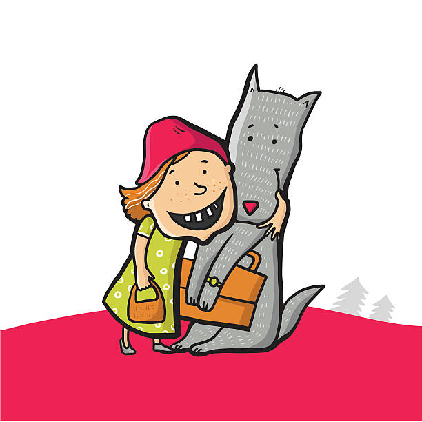 Little Red Hiding Hood and Gray Wolf together. Vector illustration. Little Red Riding Hood and gray wolf, red riding hood, little red riding hood,  fairy tale,  child, wolf, girl, tale, hood, cute, fairy, cartoon, vector, happy, cap, drawing, smiling, characters, mythology, clothing, paint, friendship, kid, childhood, folktale, storytelling, pink, gray, love, freckles, hat, beast, legend, fantasy, happy end, forest, grandmother, animal, pet happy end stock illustrations