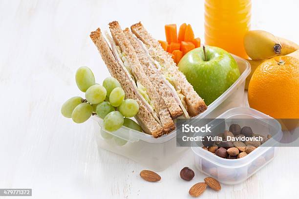 School Lunch With Sandwich On White Wooden Table Closeup Stock Photo - Download Image Now