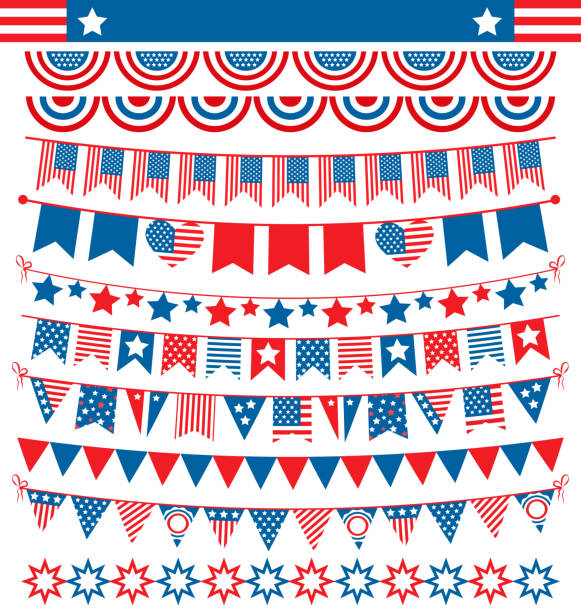 USA celebration buntings garlands flags flat national set for in USA celebration buntings garlands flags flat national set for independence day isolated on white background bunting stock illustrations