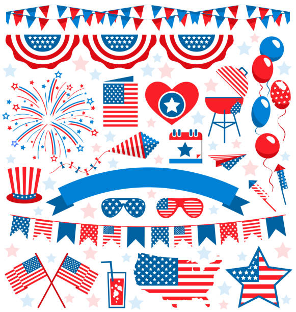 USA celebration flat national symbols set for independence day i USA celebration flat national symbols set for independence day isolated on white background 4th of july fireworks stock illustrations