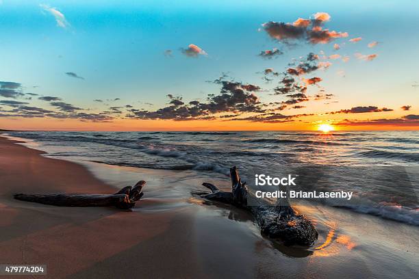 Driftwood On A Lake Huron Beach At Sunset Stock Photo - Download Image Now - 2015, Beach, Blue