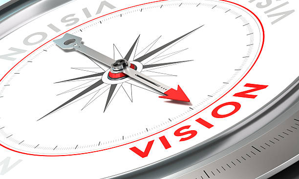 Company Statement, Vision Compass with needle pointing the word vision. Conceptual illustration part two of a company statement, Mission, Vision and Value. mandate photos stock pictures, royalty-free photos & images