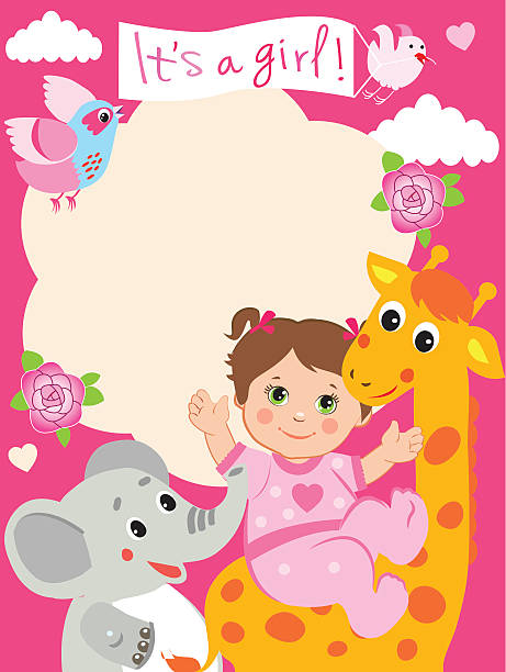 赤ちゃん女の子シャワーの招待カード、面白いキリン - birthday card baby shower elephant cute点のイラスト素材／クリップアート素材／マンガ素材／アイコン素材