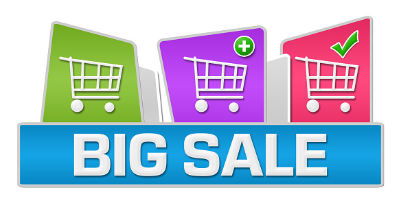 Big sale concept image with text and shopping cart symbols.