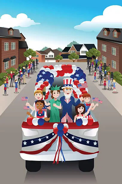 Vector illustration of Kids in a Parade Celebrating Fourth of July