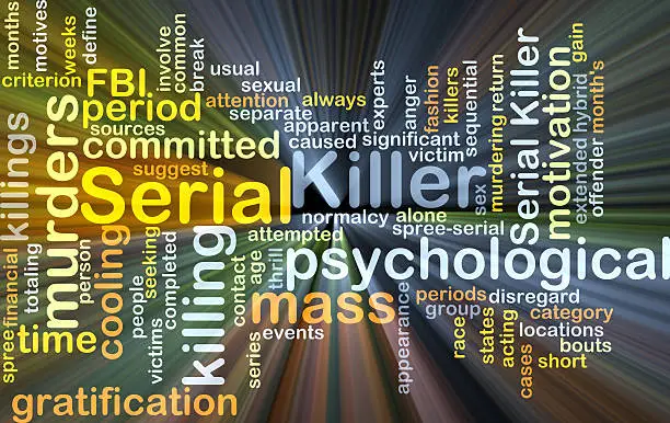 Background concept wordcloud illustration of serial killer glowing light