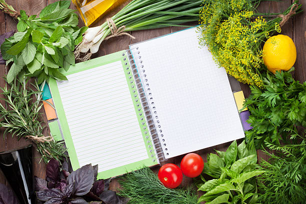 istock Fresh garden herbs and notepad for recipes 479787446